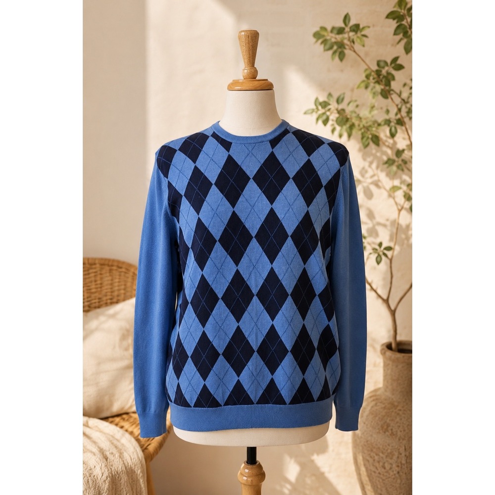 Argyle Cotton Sweater Men's XL Blue Preppy Golf Grandpa Core Crewneck Pullover